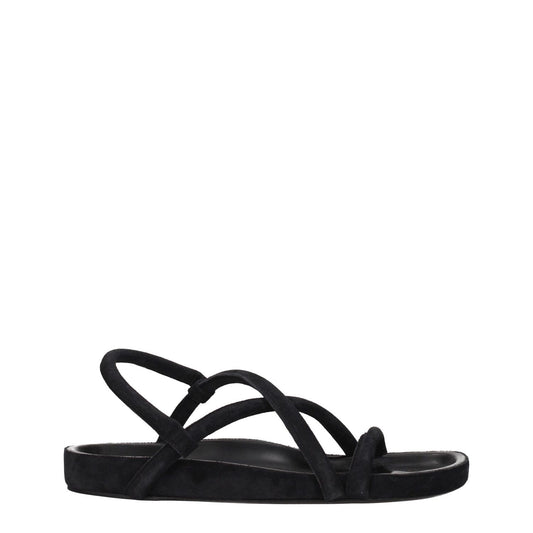 Isabel Marant Black Leather Flat Sandals with suede material, open toe, low flat heel, and vintage aged effect design.