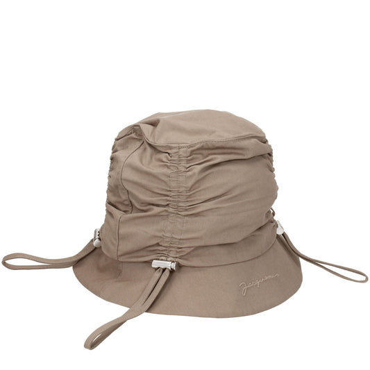 Jacquemus Beige Cotton Bucket Hat with front logo, casual style, made of 75% cotton and 25% polyamide, featuring silver color details.