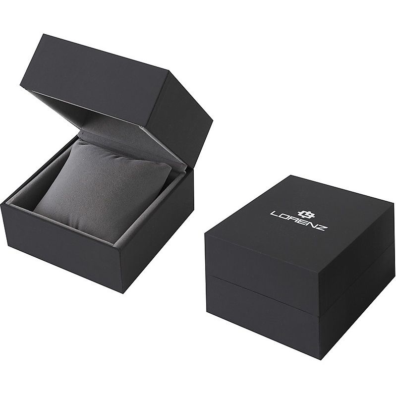 LORENZ MOD. 26208EE wristwatch packaging box, durable and elegant black design, showcasing premium storage for timepiece.