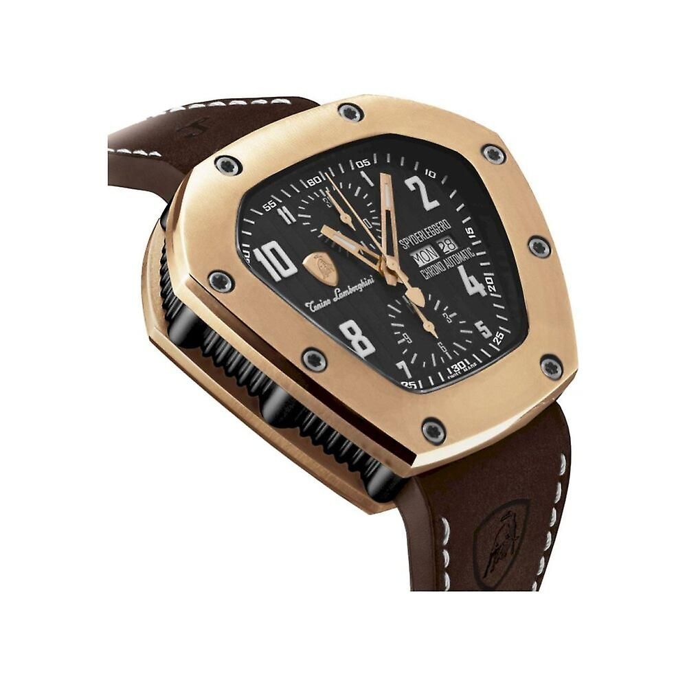 Lamborghini Black Leather Dress Watch with titanium case, black dial, and pink gold accents, automatic movement, sapphire crystal, 10ATM water resistance.