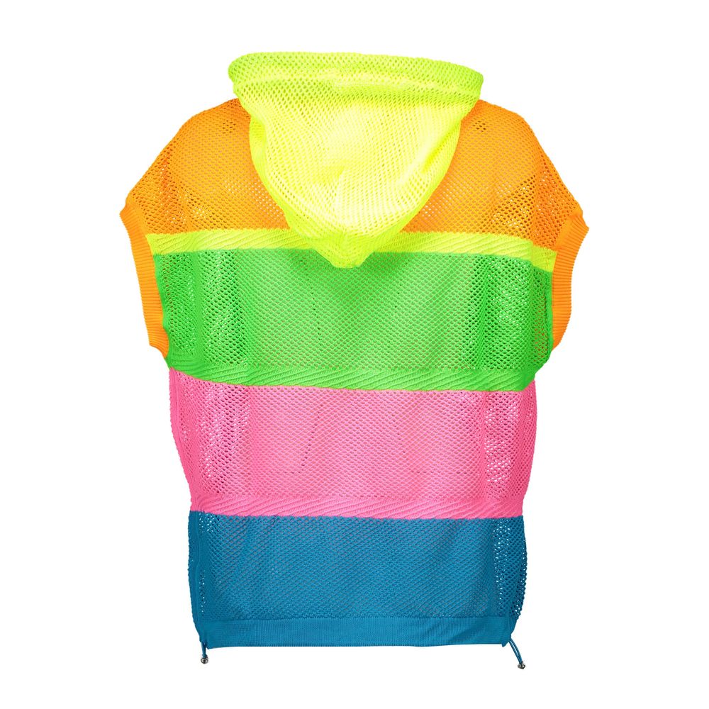 Love Moschino Multicolor Polyester Sweater with hood and logo, vibrant design, short sleeve, showcasing a colorful striped pattern