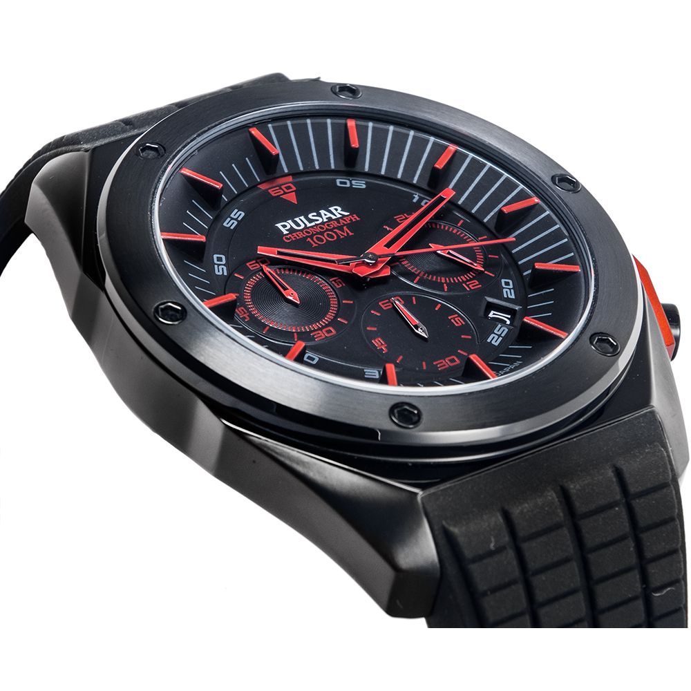 Pulsar Black Rubber Sport Watch with stainless steel case, analog display, black dial, mineral glass, and 10ATM water resistance.