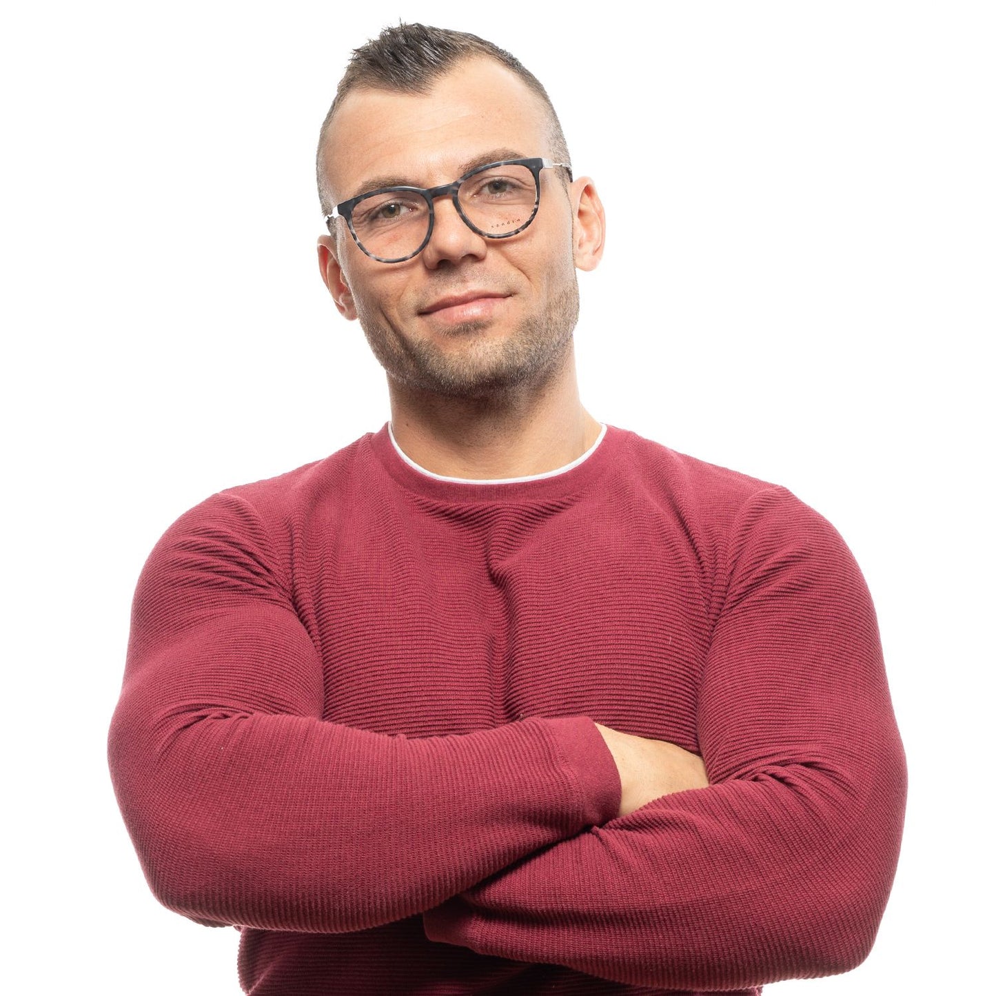 Man wearing Sandro Gray Plastic Glasses (Frames), stylish full-rim design, in a burgundy sweater. Focus on glasses with plastic frame.