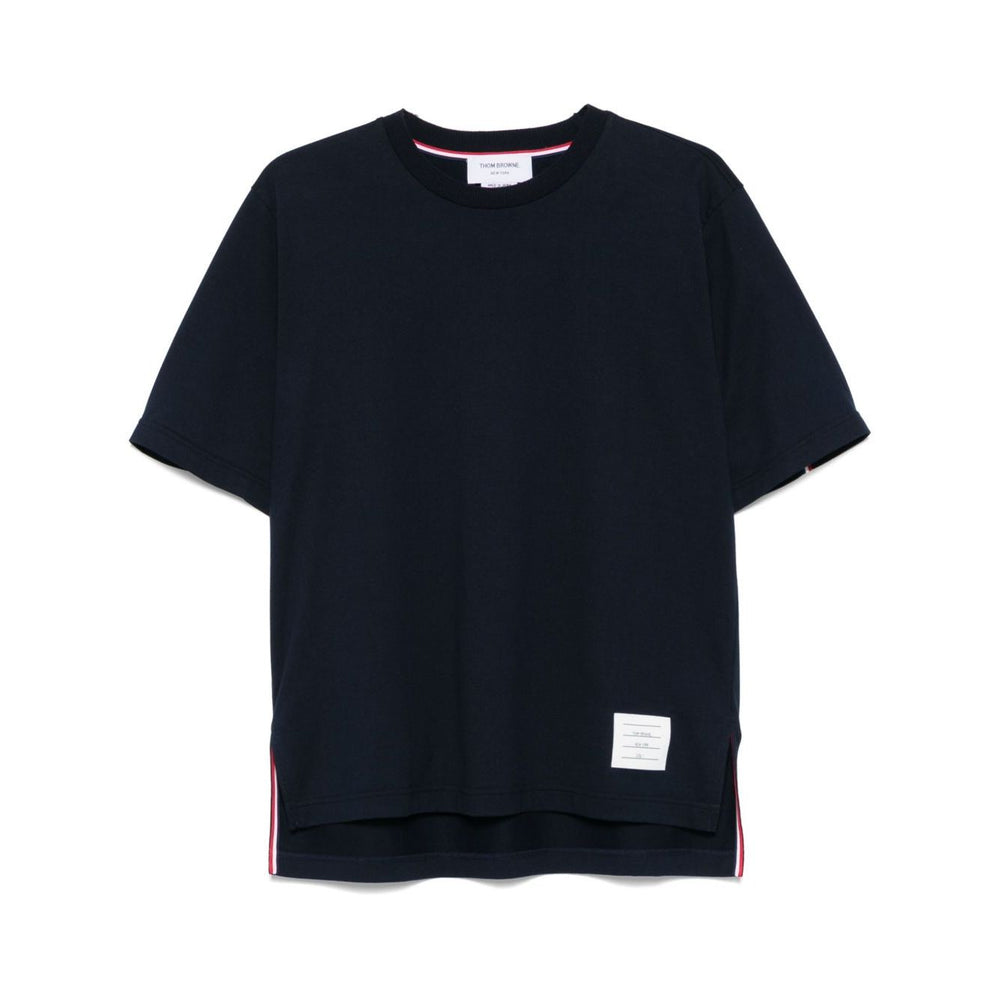 Thom Browne T-shirts and Polos Blue cotton t-shirt with signature grosgrain side tabs and RWB stripe detailing.