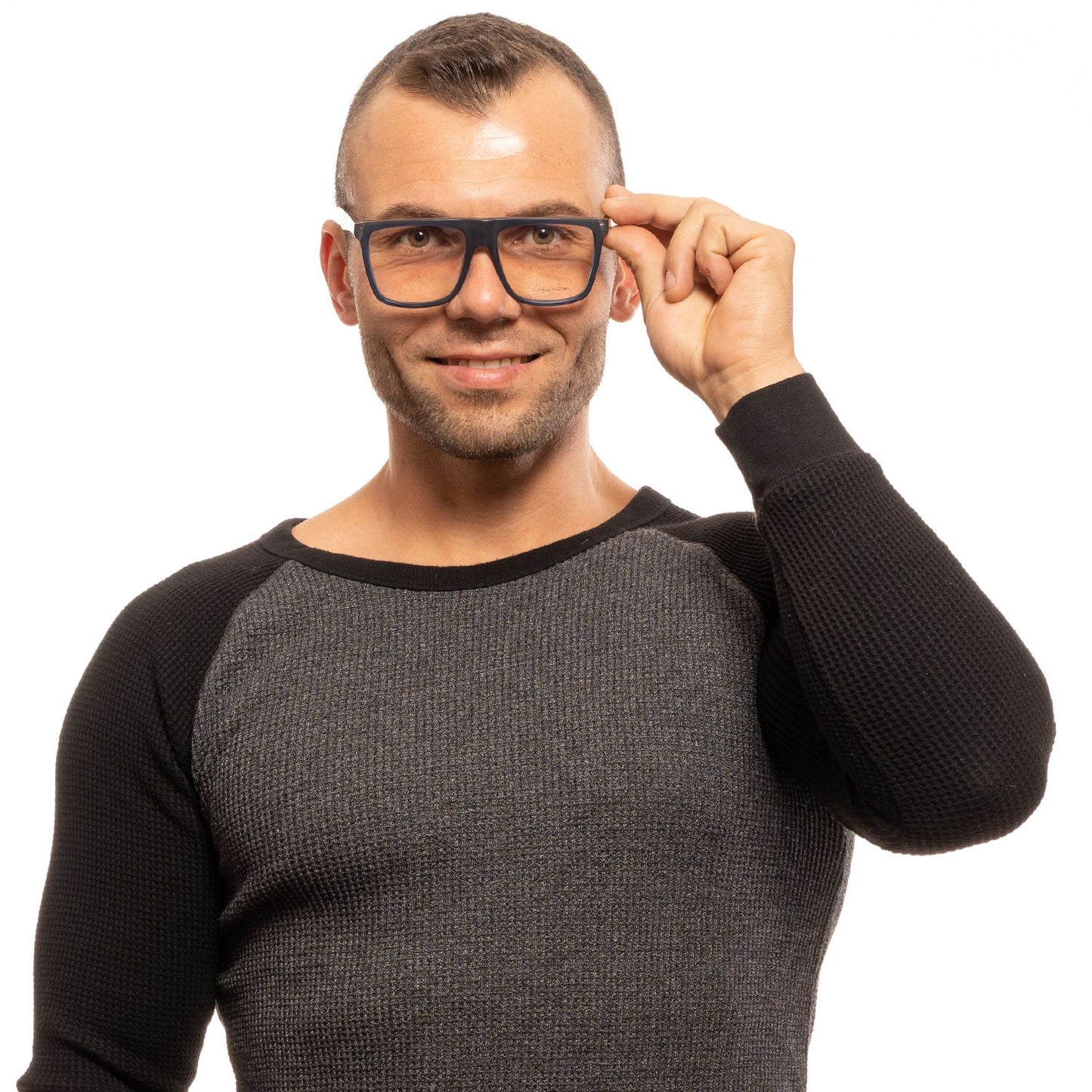 Man wearing Yohji Yamamoto Blue Plastic Glasses (Frames) with full-rim trapezium style, showcasing trendy eyewear fashion.