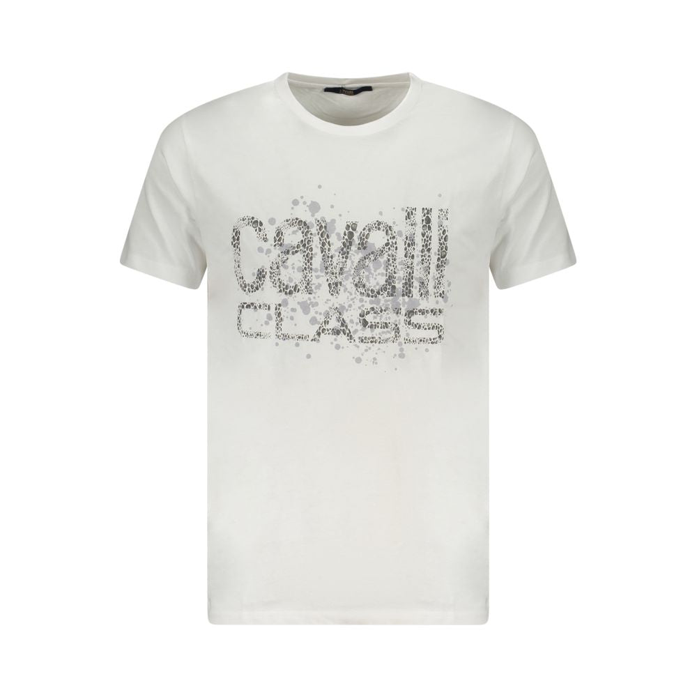 Cavalli Class white cotton men's T-shirt with bold print and logo, showcasing Italian luxury and style.