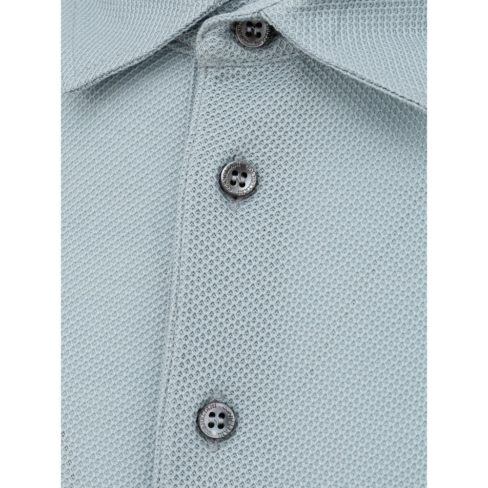 Corneliani light blue cotton polo shirt with classic 3-button collar, piquet fabric, short sleeves, made in Italy. SKU: 24OTT89.