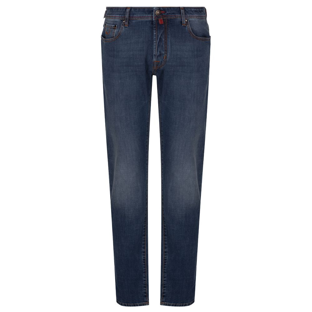 Jacob Cohën blue cotton jeans, slim fit, lightly washed denim with orange stitching and brown leather patch, front view.