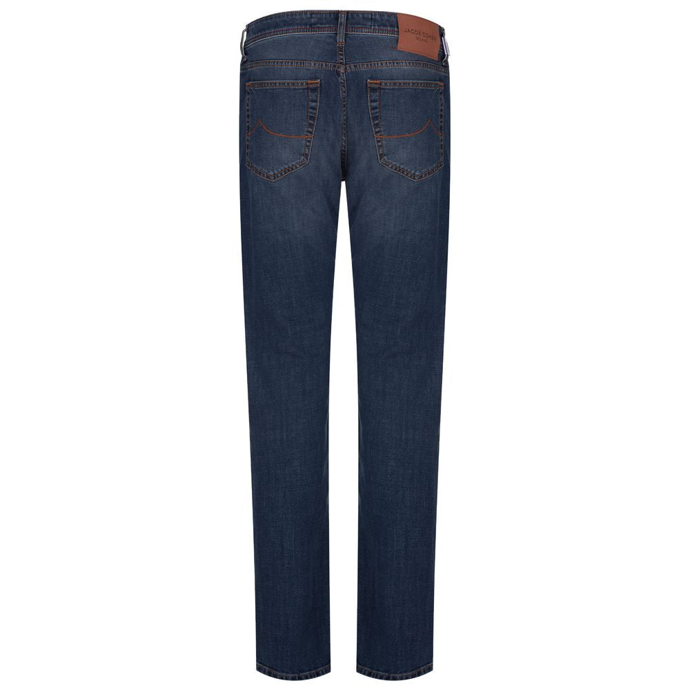 Jacob Cohen blue cotton jeans with orange stitching and brown leather patch, back view.