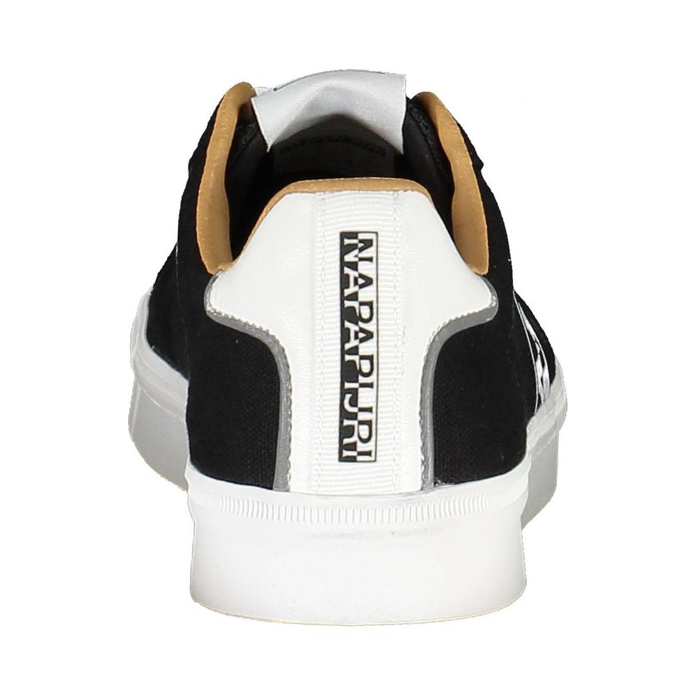 Rear view of Napapijri black polyester men's sneaker with logo, showcasing sleek design and contrasting details on the heel.