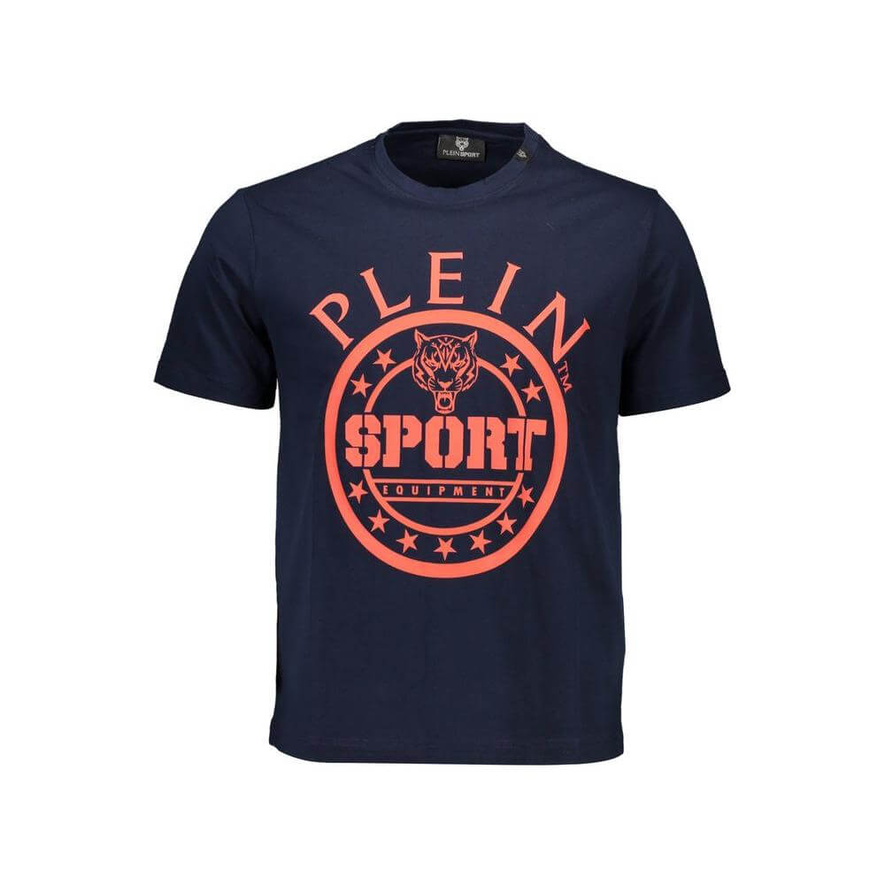Plein Sport blue cotton men's T-shirt with bold logo print, ideal for modern trendsetters seeking stylish and high-quality casual wear.