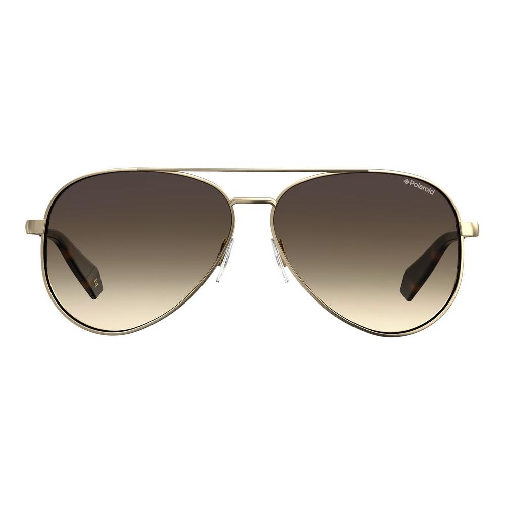 Polaroid gold metal aviator sunglasses with brown polarized lenses, elegant design, and 61/12/140mm measurements.