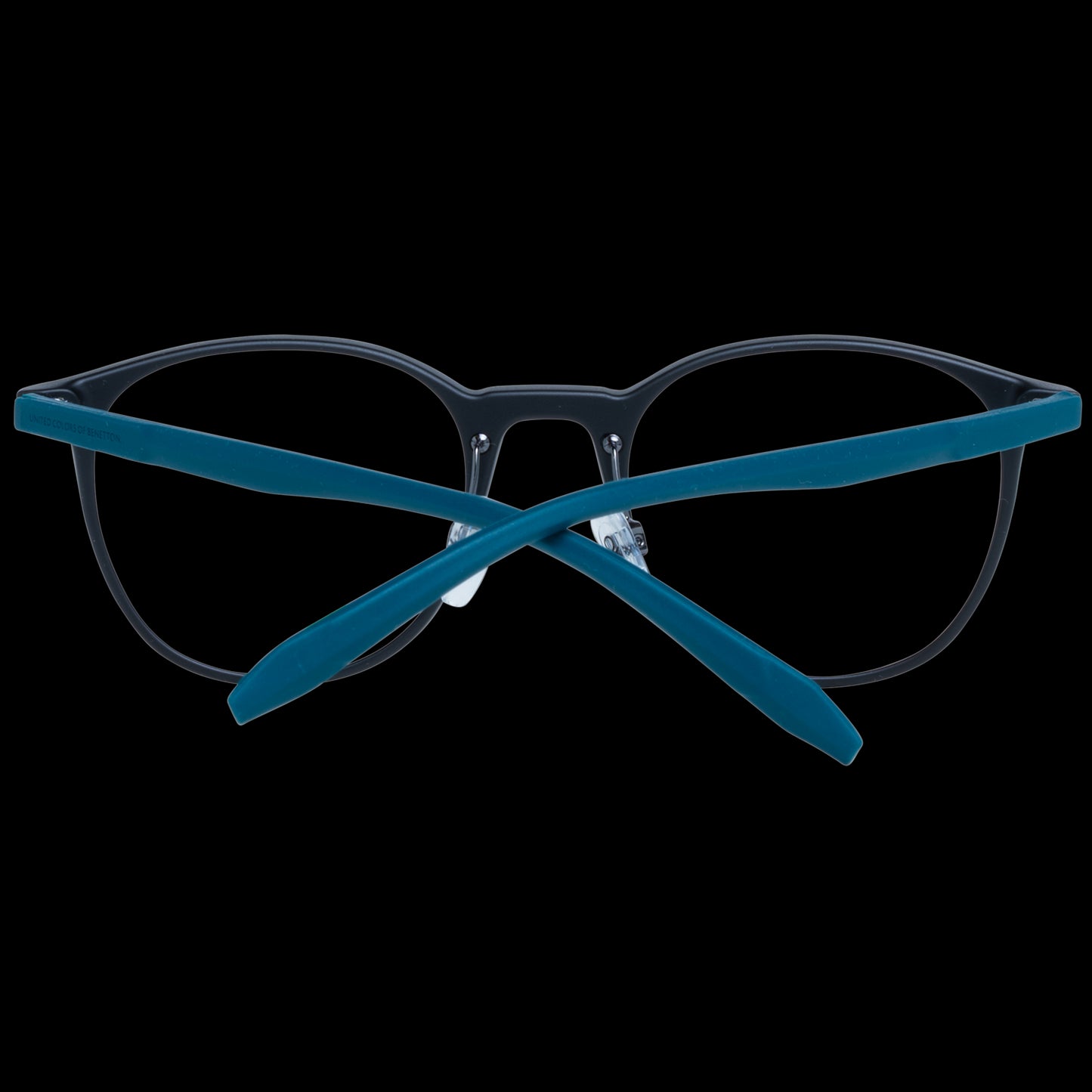 Gent's Benetton BEO1010 51001 eyeglasses with dark frames and blue arms, displayed from the front on a black background.
