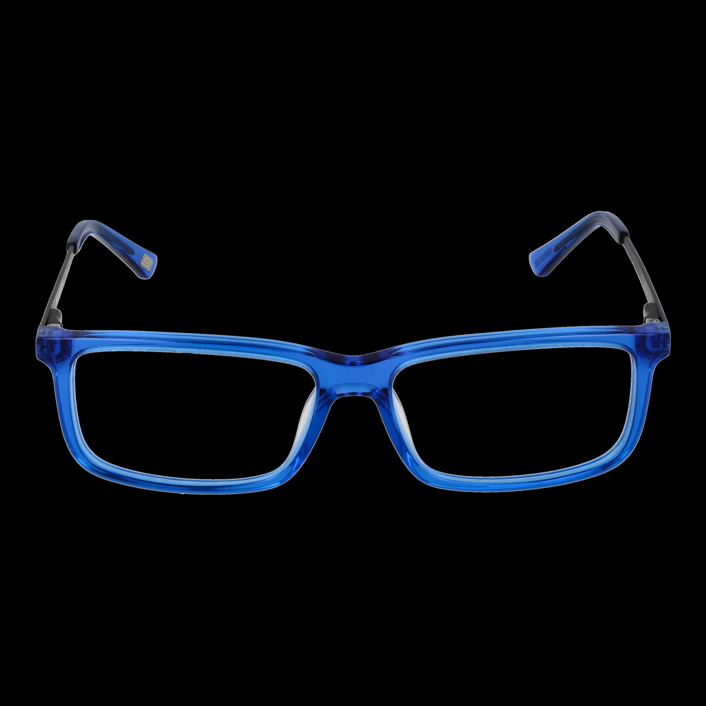 Blue rectangular eyeglasses with black temples on a black background.