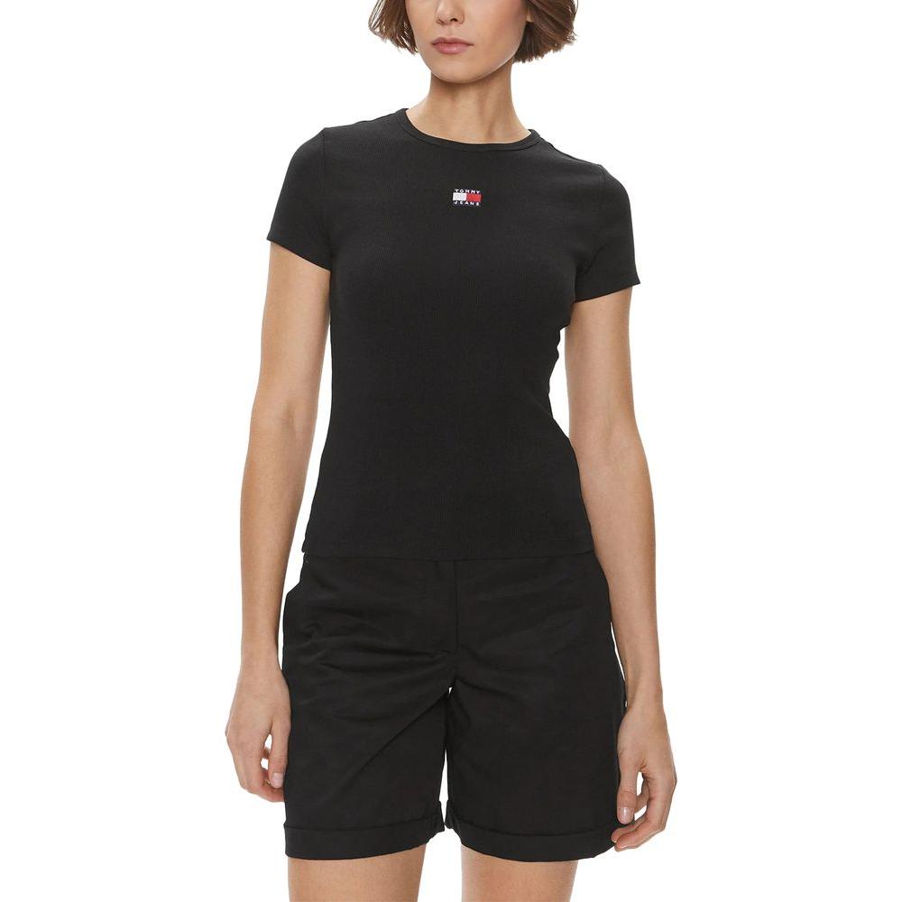 Women's black cotton T-shirt by Tommy Hilfiger, featuring a logo detail. Perfect for autumn/winter wardrobe. 95% cotton, 5% elastane.