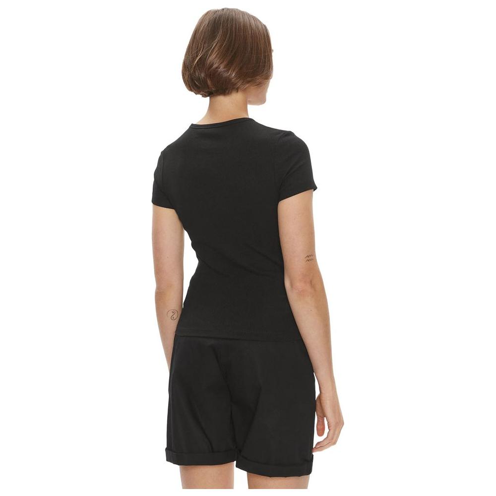 Back view of women's black cotton Tommy Hilfiger T-shirt, part of the Autumn/Winter collection, made of 95% cotton and 5% elastane.
