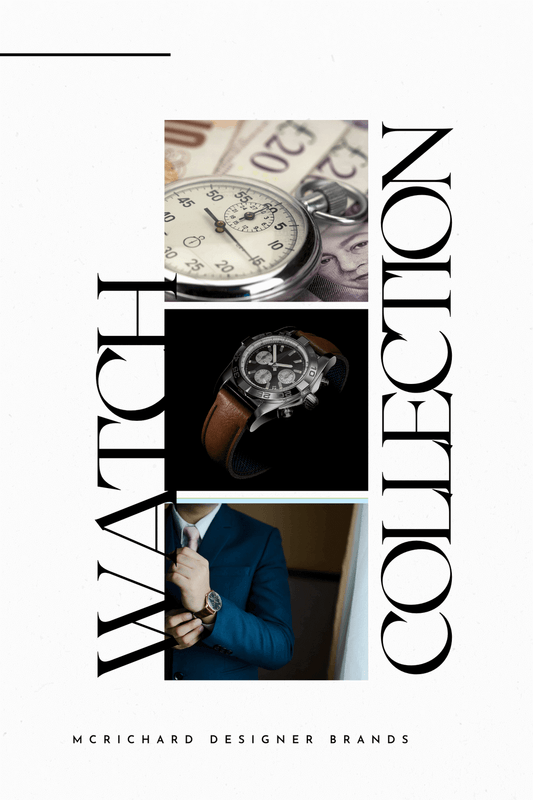 Collage of McRichard Designer Brands luxury watch collection featuring elegant timepieces and a suited individual.
