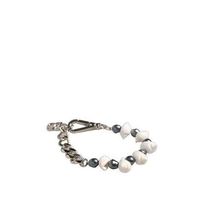 Dolce & Gabbana Silver Tone Brass Beaded Shell DG Logo Pendant Bracelet