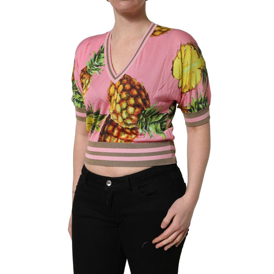 Dolce & Gabbana Pink Pineapple Vneck Short Sleeve Cropped Top