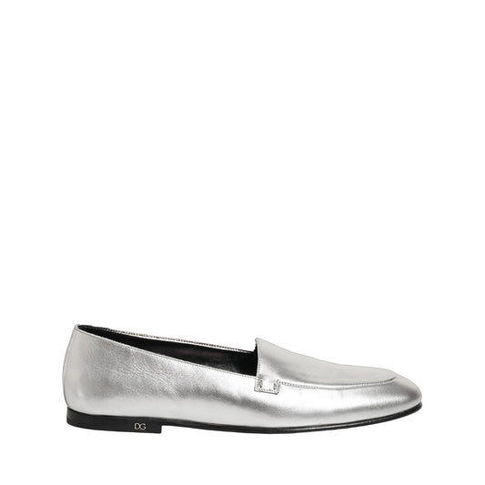 Dolce & Gabbana Silver Leather DG Logo Slip On Loafers Shoes