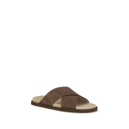 Brunello Cucinelli Brown Calf Leather Bos Taurus Flat Sandals