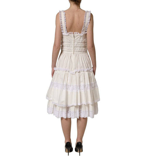 Dolce & Gabbana White Cotton Poplin Ruffled Midi Dress