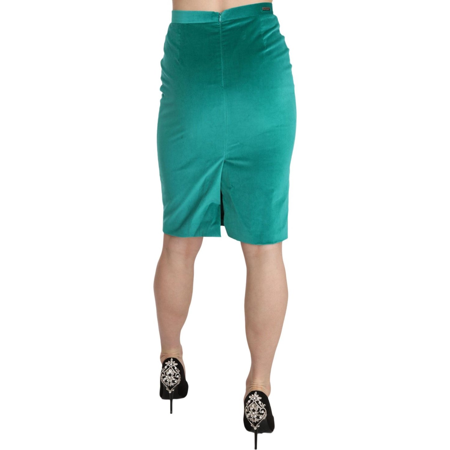 GF Ferre Green Solid Twill Knee Length Pencil Midi Skirt PAN70300-40