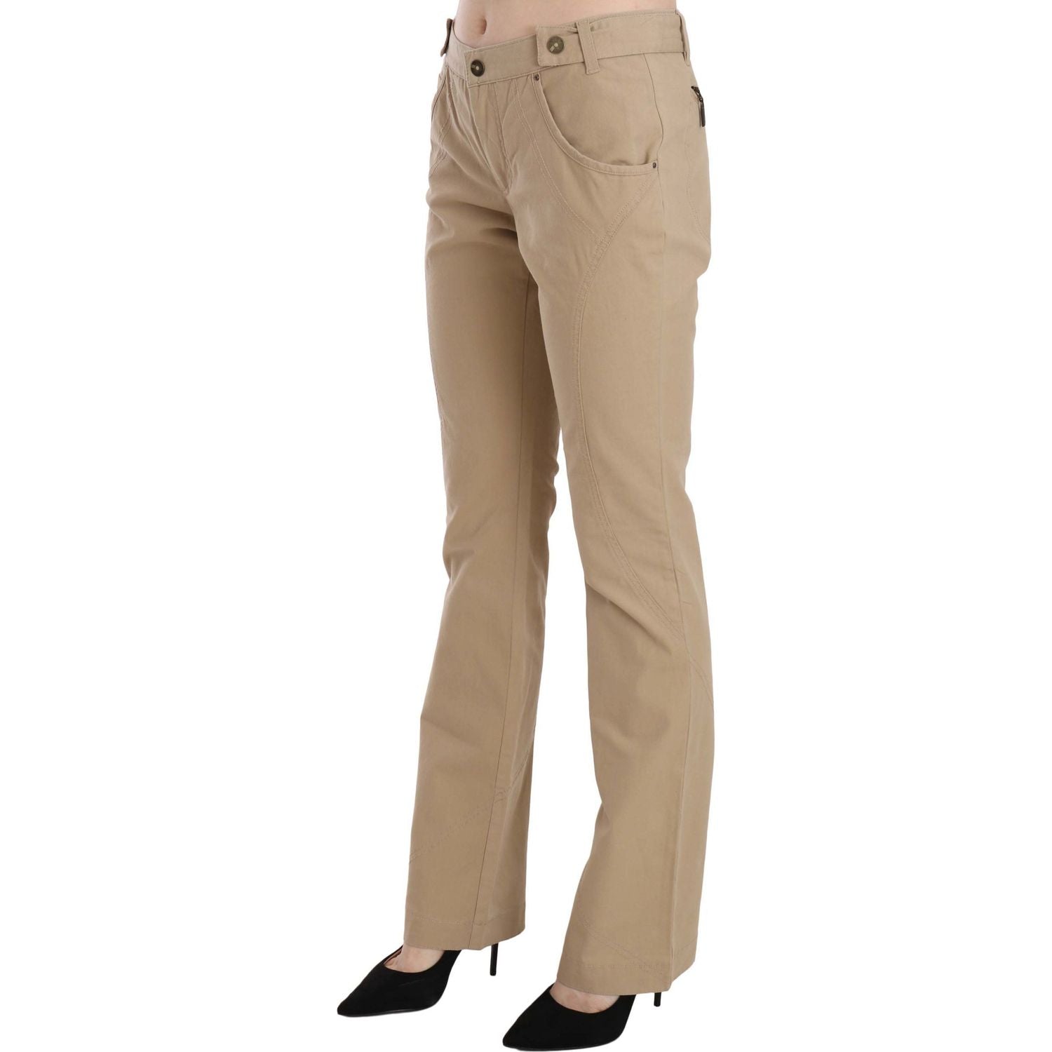 Just Cavalli Beige Cotton Mid Waist Straight Trousers Pants