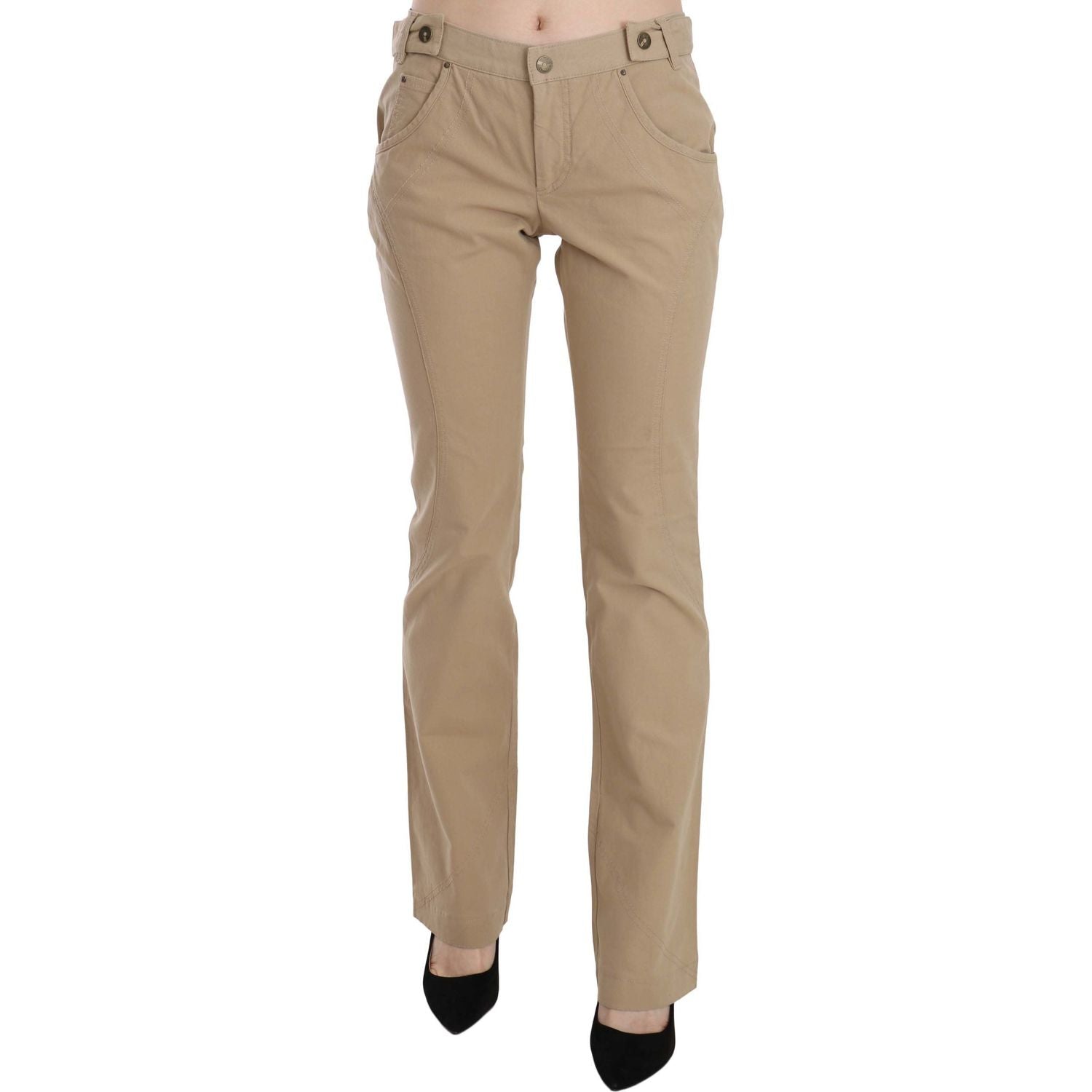 Just Cavalli Beige Cotton Mid Waist Straight Trousers Pants