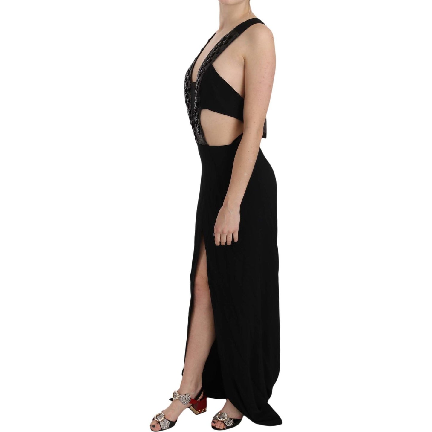 John Richmond Black Crystal Leather Gown Flare Dress Dresses