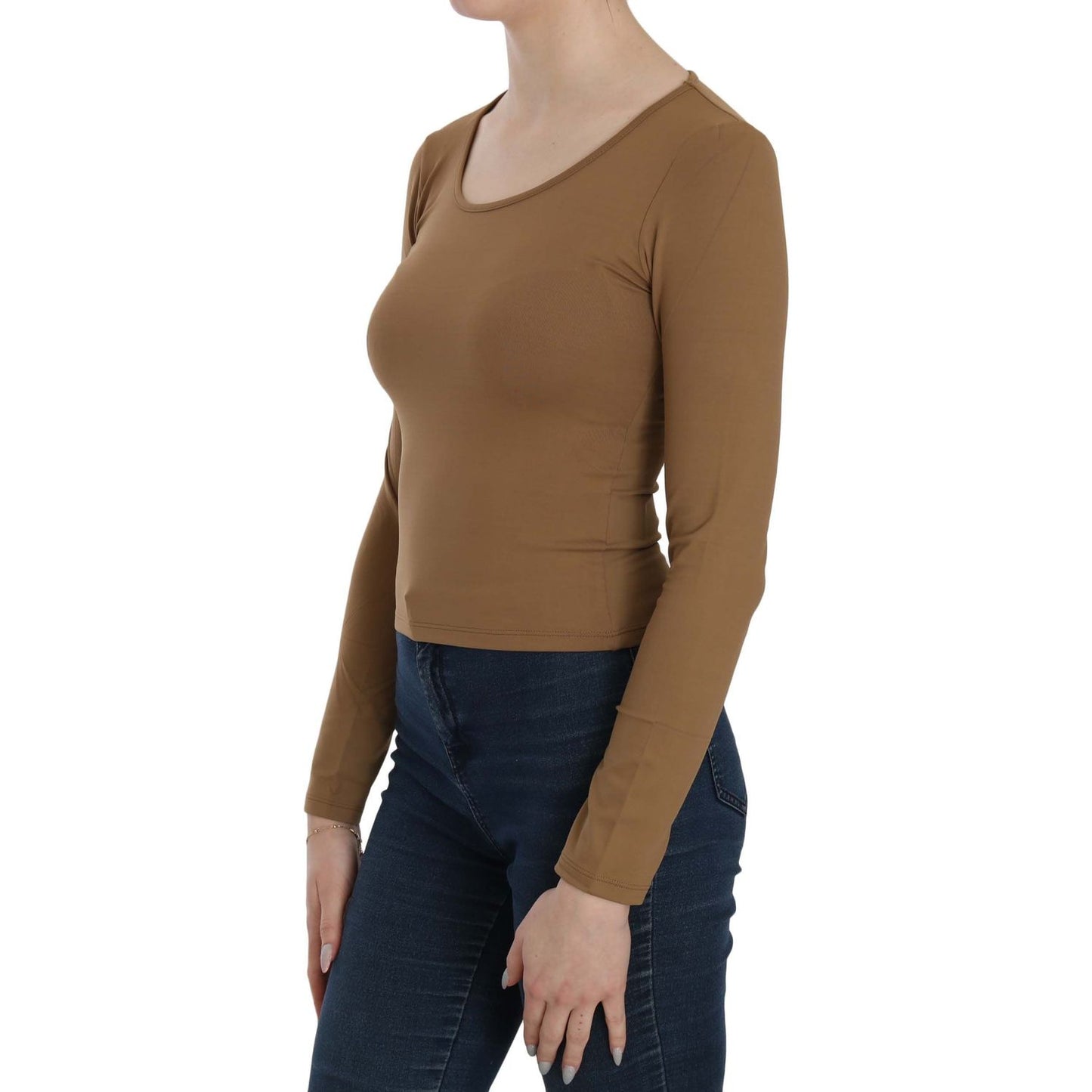 GF Ferre Brown Long Round Neck Sleeve Fitted Shirt Tops Blouse TSH3931-38