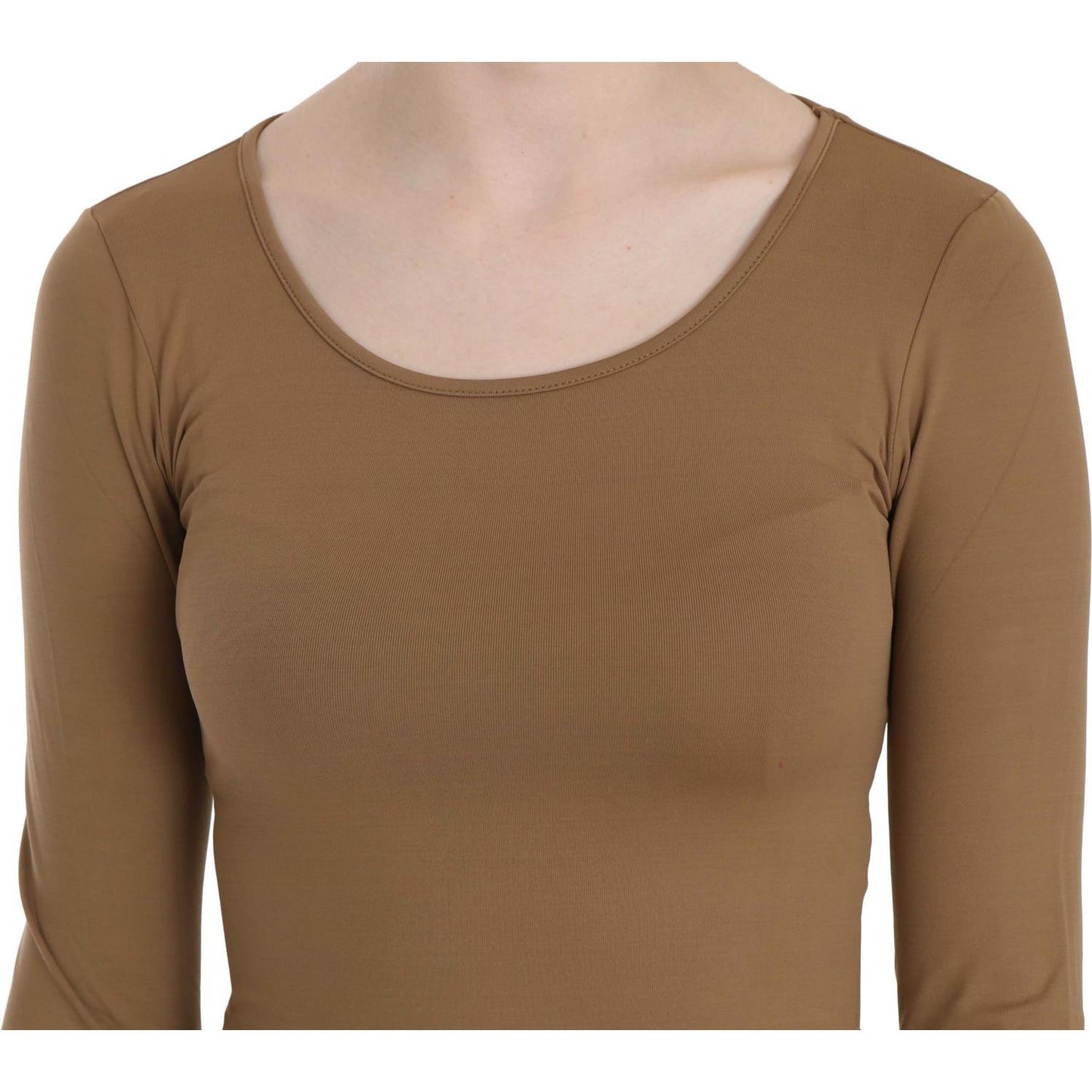 GF Ferre Brown Long Round Neck Sleeve Fitted Shirt Tops Blouse TSH3931-38