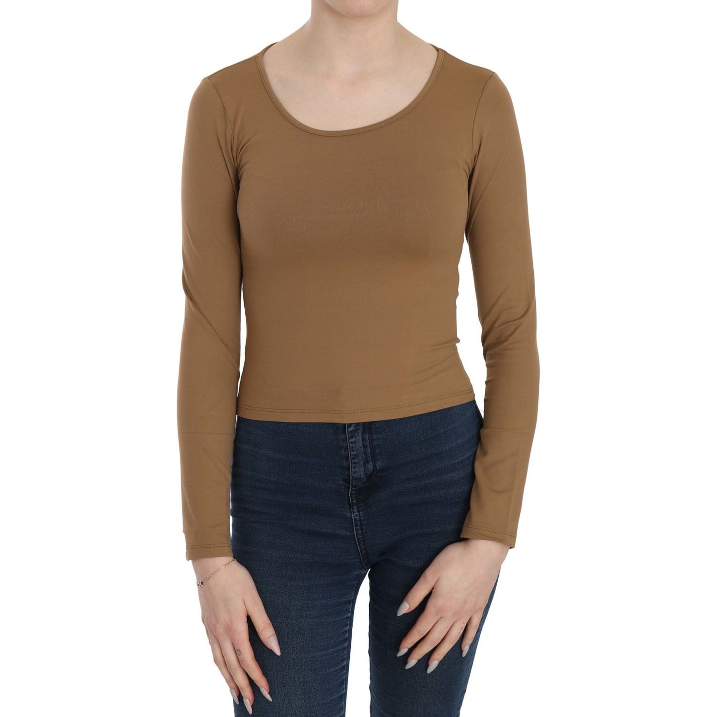 GF Ferre Brown Long Round Neck Sleeve Fitted Shirt Tops Blouse TSH3931-38
