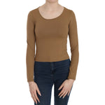 GF Ferre Brown Long Round Neck Sleeve Fitted Shirt Tops Blouse TSH3931-38