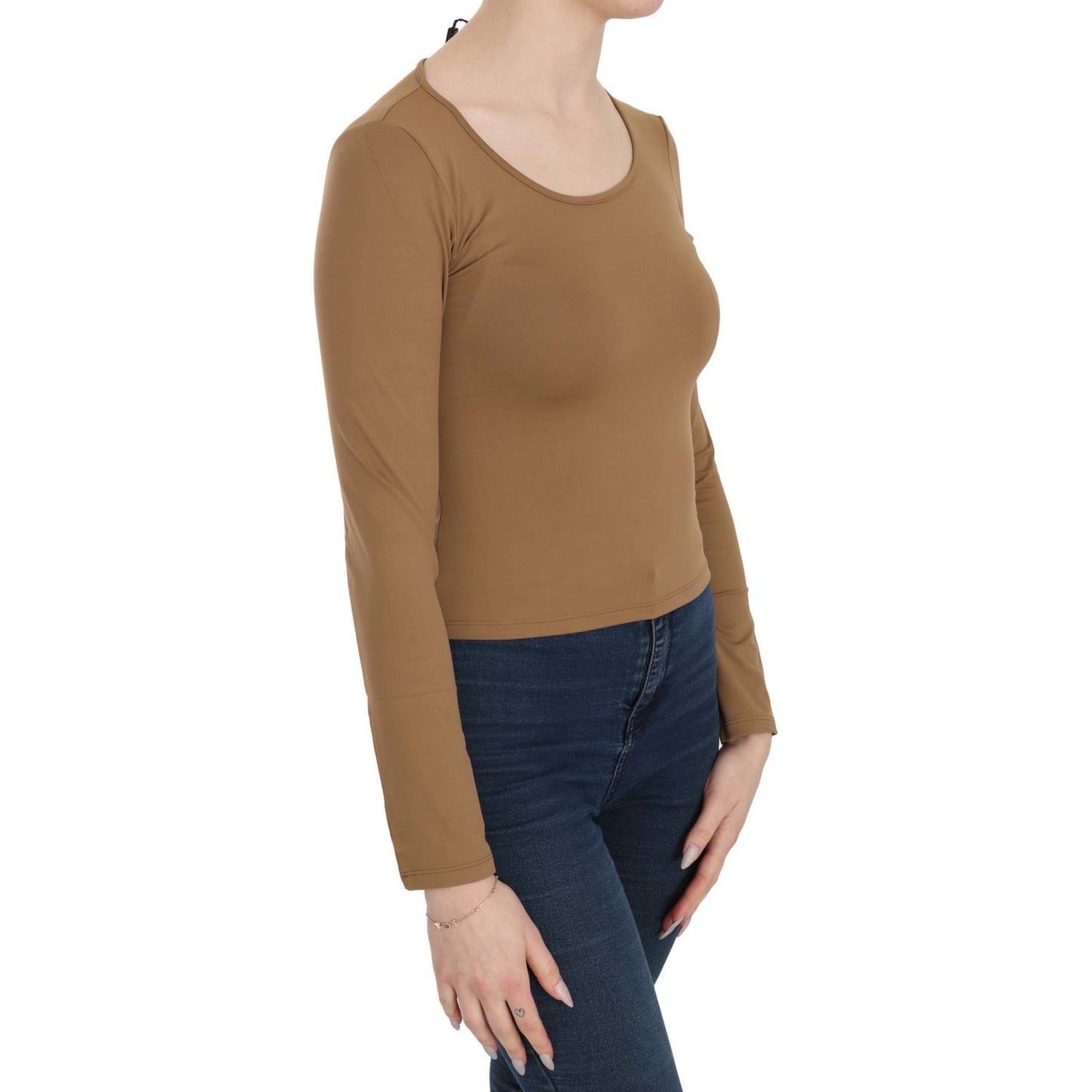 GF Ferre Brown Long Round Neck Sleeve Fitted Shirt Tops Blouse TSH3931-38