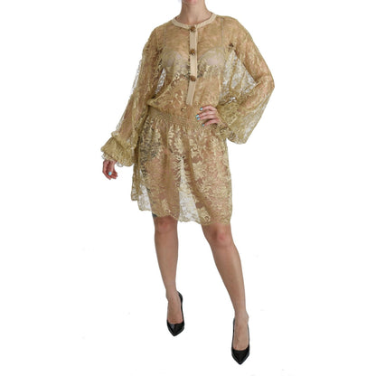 Dolce & Gabbana Gold Lace See Through A-Line Knee Length Dress