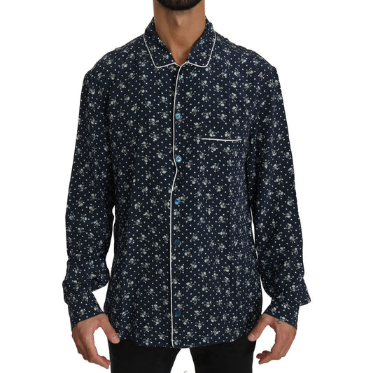 Dolce & Gabbana Blue Skull Print Silk Top Sleepwear Shirt