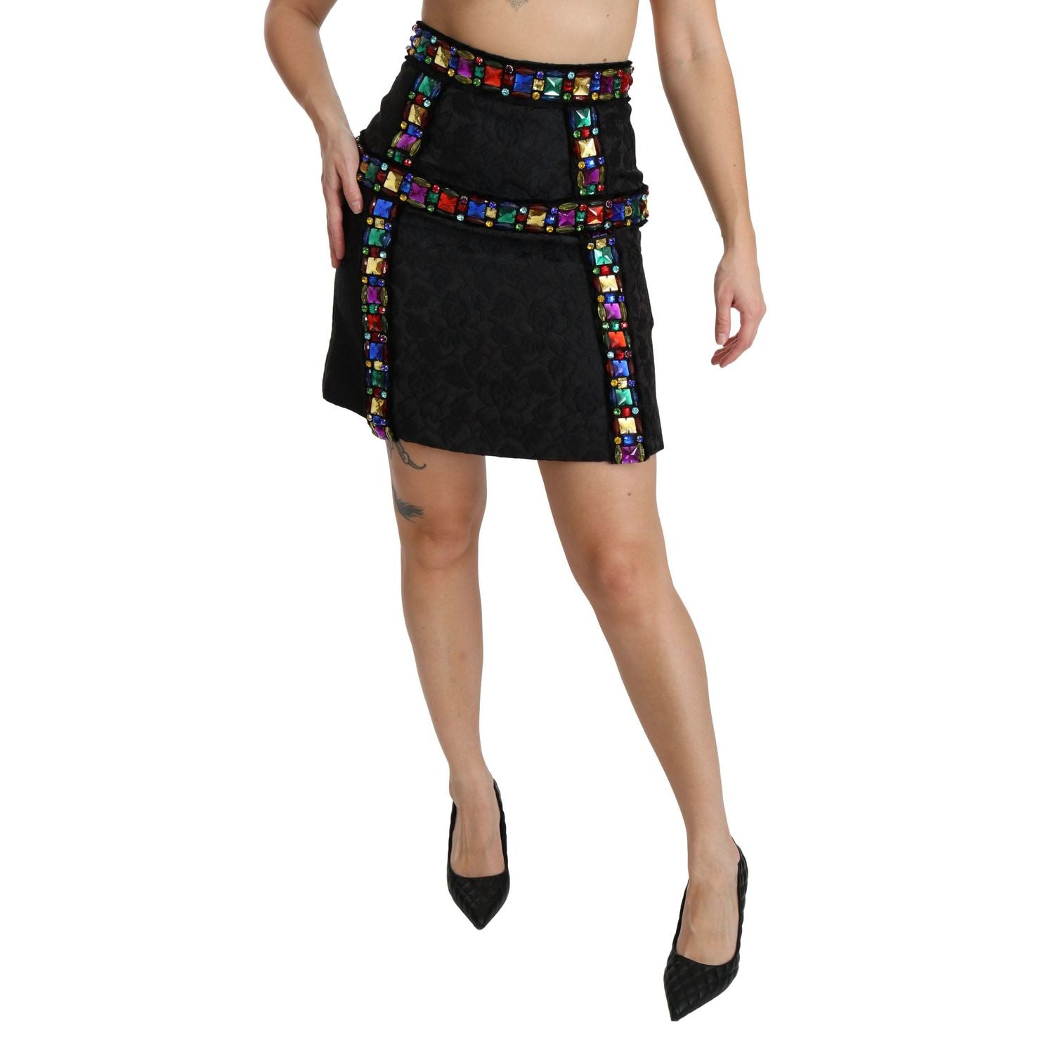 Dolce & Gabbana Black Crystal Embellished High Waist Skirt