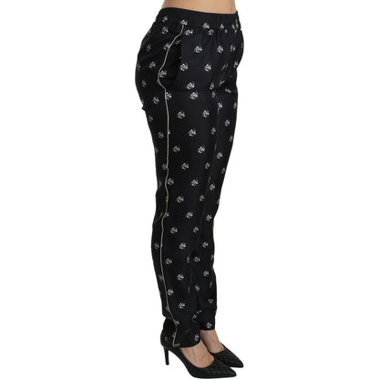 Dolce & Gabbana Black Printed Mid Waist Skinny Silk Pants Jeans & Pants