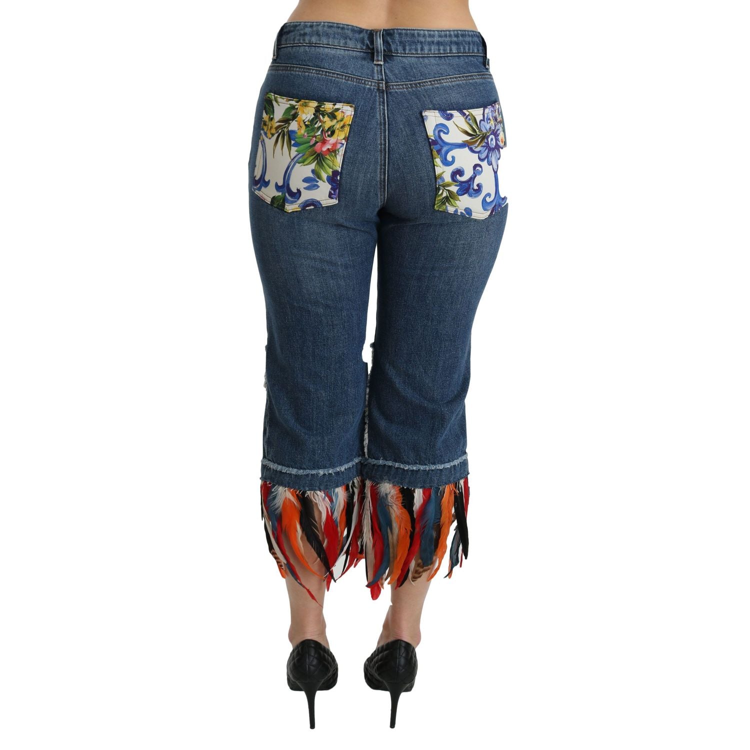 Dolce & Gabbana Blue Feathers Low Waist Cropped Cotton Jeans