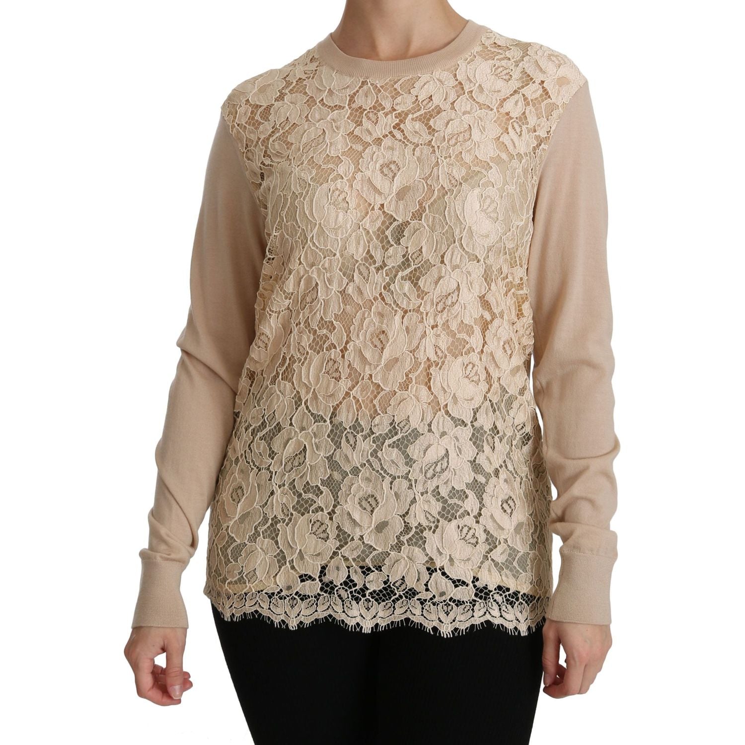 Dolce & Gabbana Beige Lace Long Sleeve Top Cashmere Blouse