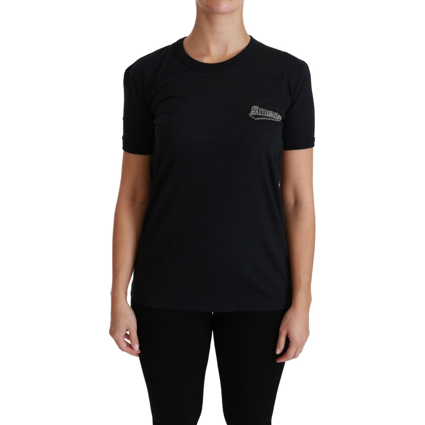 Dolce & Gabbana Blue Amore Patch Crewneck Cotton Top T-shirt