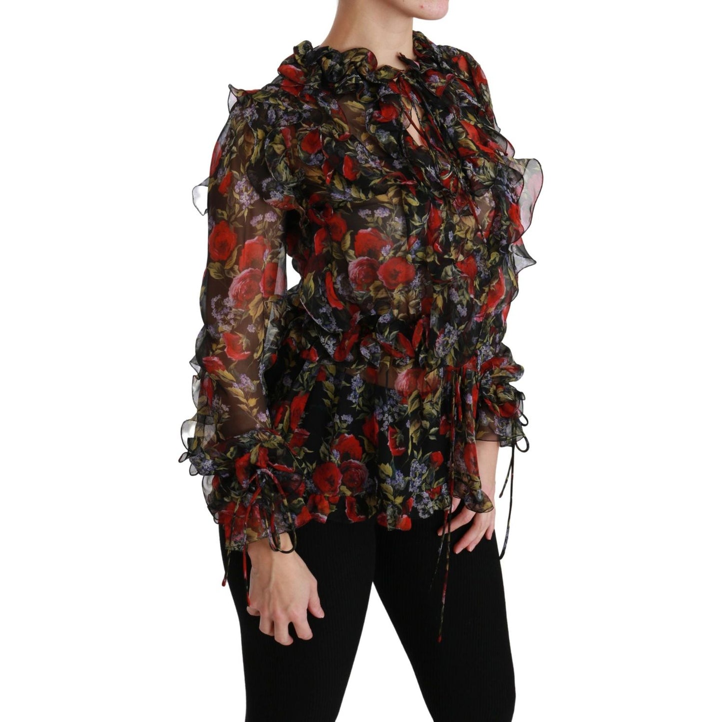 Dolce & Gabbana Black Floral Roses Blouse Silk Top TSH4486-36