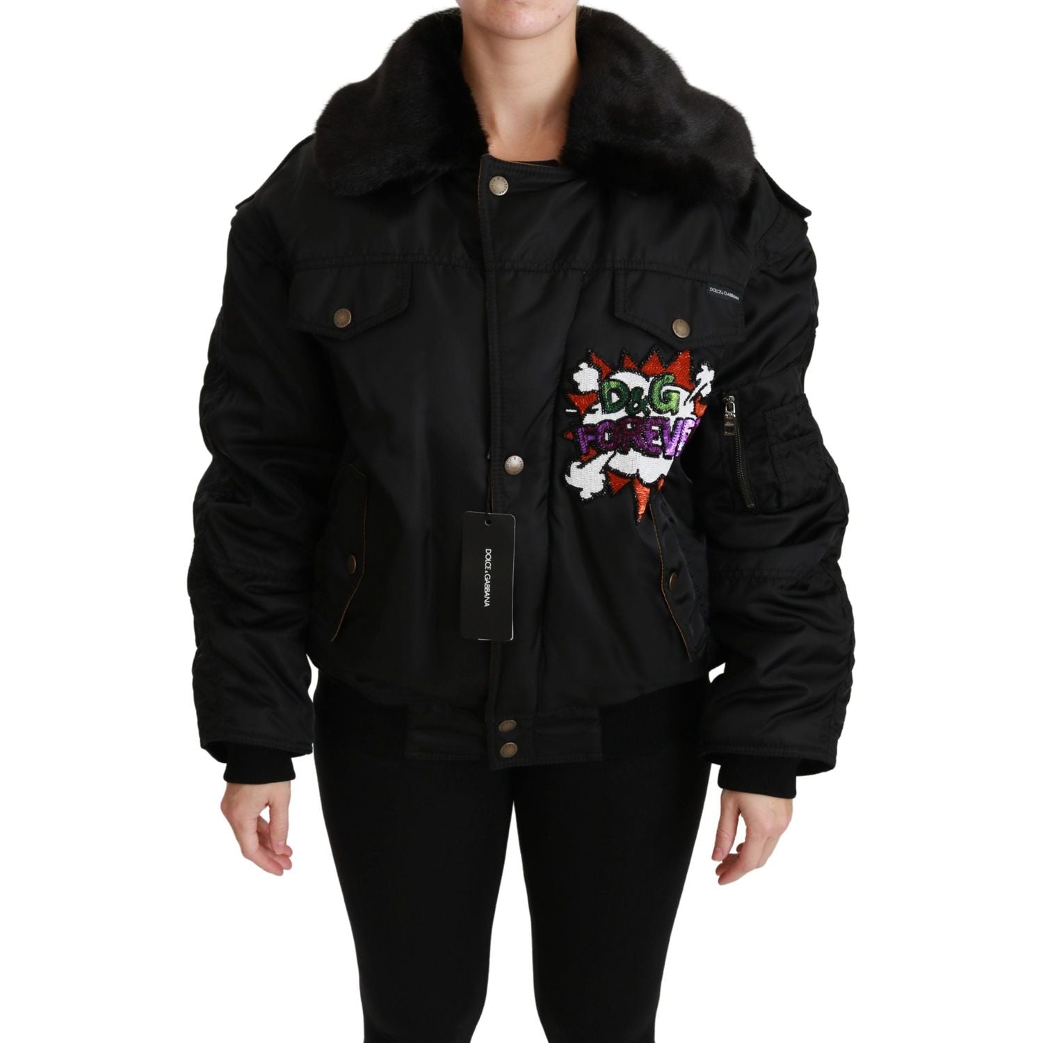 Dolce & Gabbana Black Queen Crown Sequined Bomber Jacket