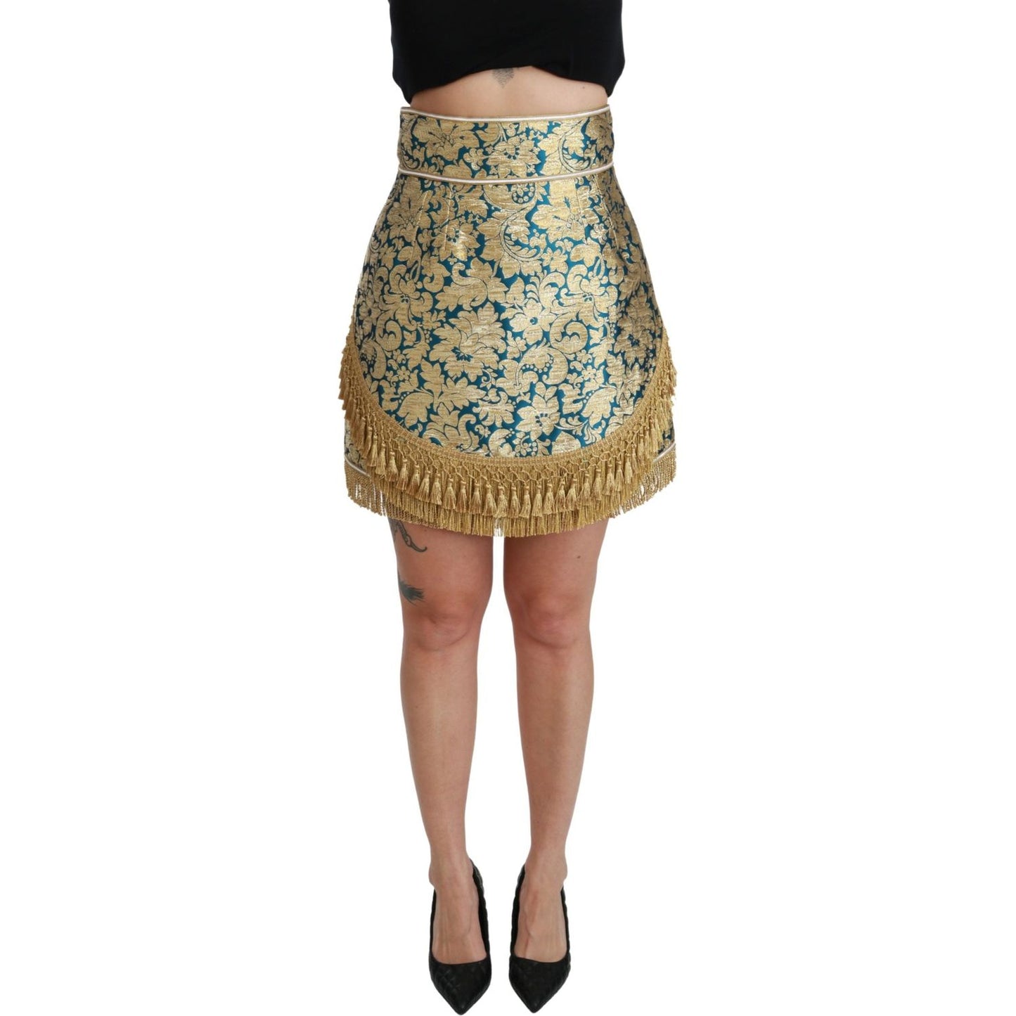 Dolce & Gabbana Blue High Waist Jacquard Tassel Gold Skirt SKI1425-38