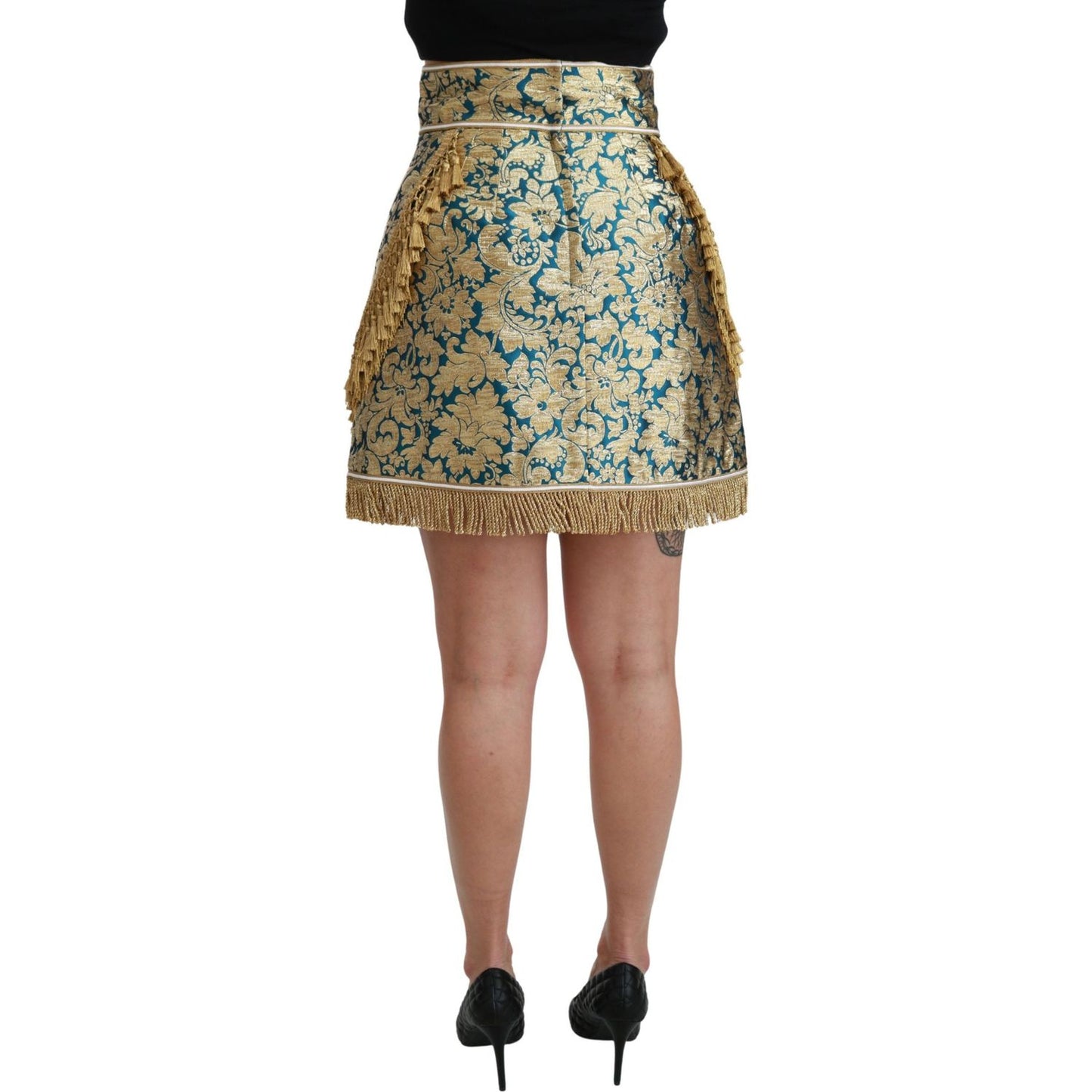 Dolce & Gabbana Blue High Waist Jacquard Tassel Gold Skirt SKI1425-38