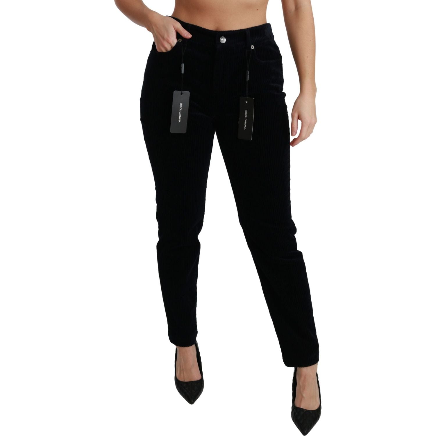 Dolce & Gabbana Blue Corduroy Mid Waist Skinny Pants Jeans