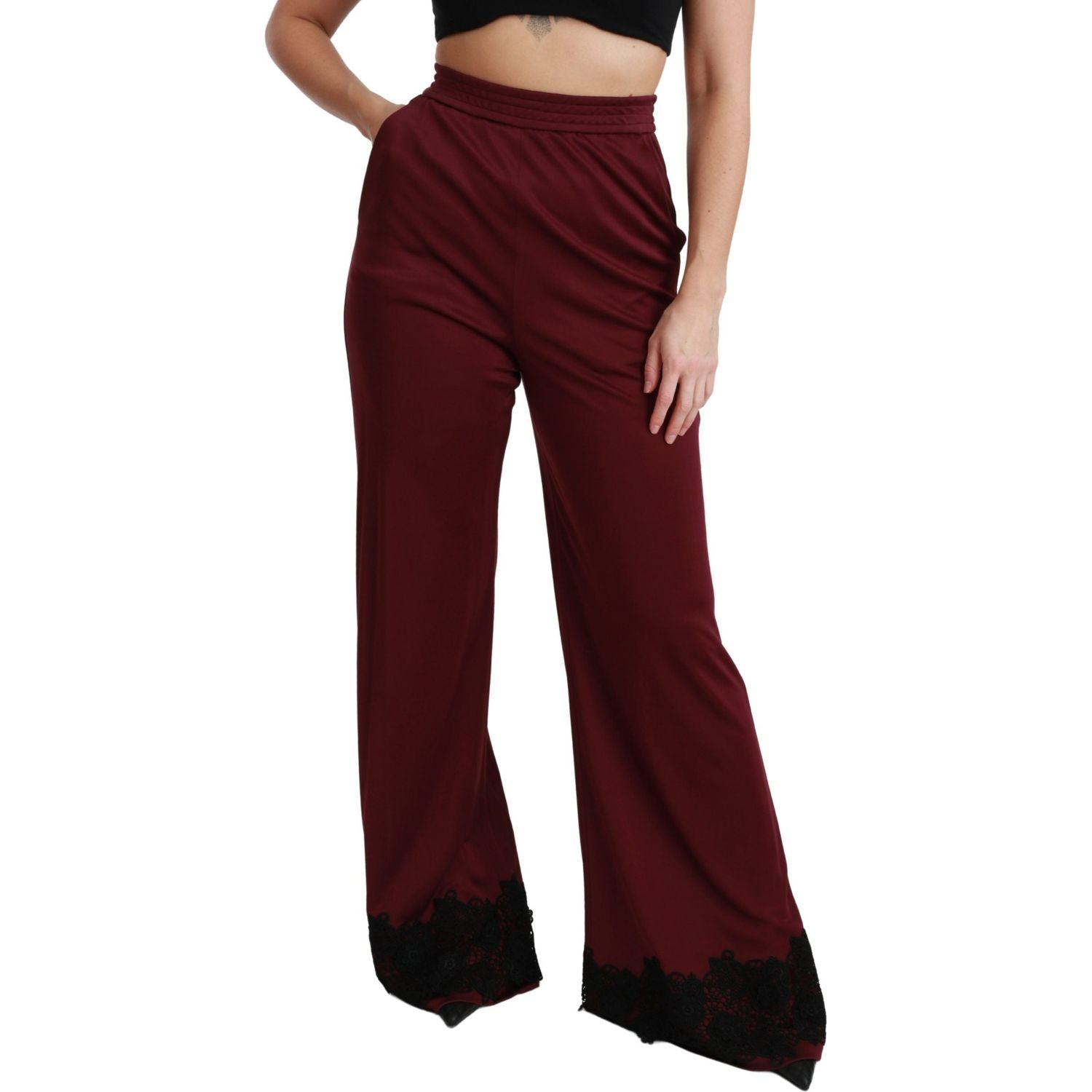 Dolce & Gabbana Black Lace High Waist Wide Leg Maroon  Pants