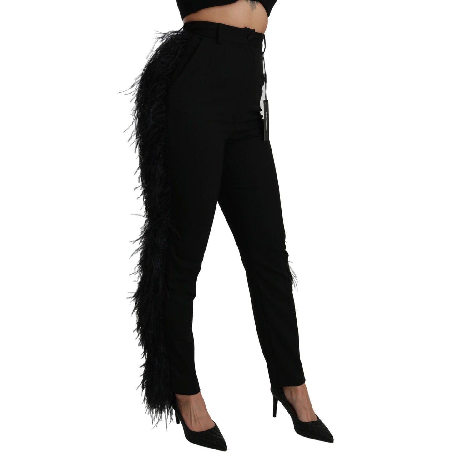 Dolce & Gabbana Black Feather Straight High Waist Wool Pants Pants