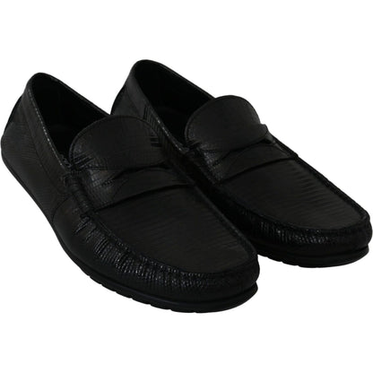 Dolce & Gabbana Black Lizard Leather Flat Loafers Shoes
